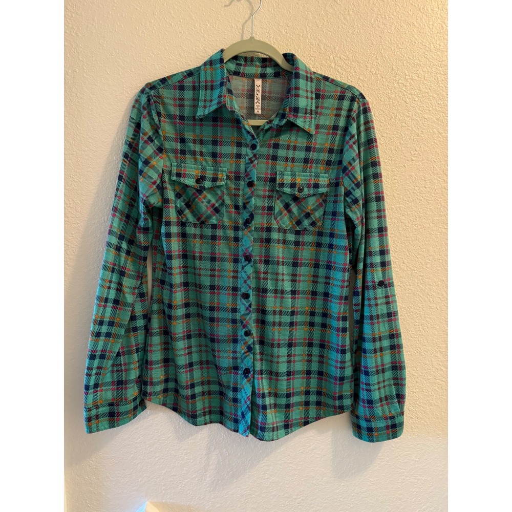 R N B Plaid Button Down Shirt Women's Size M Teal Blue Pink Orange Long Sleeve